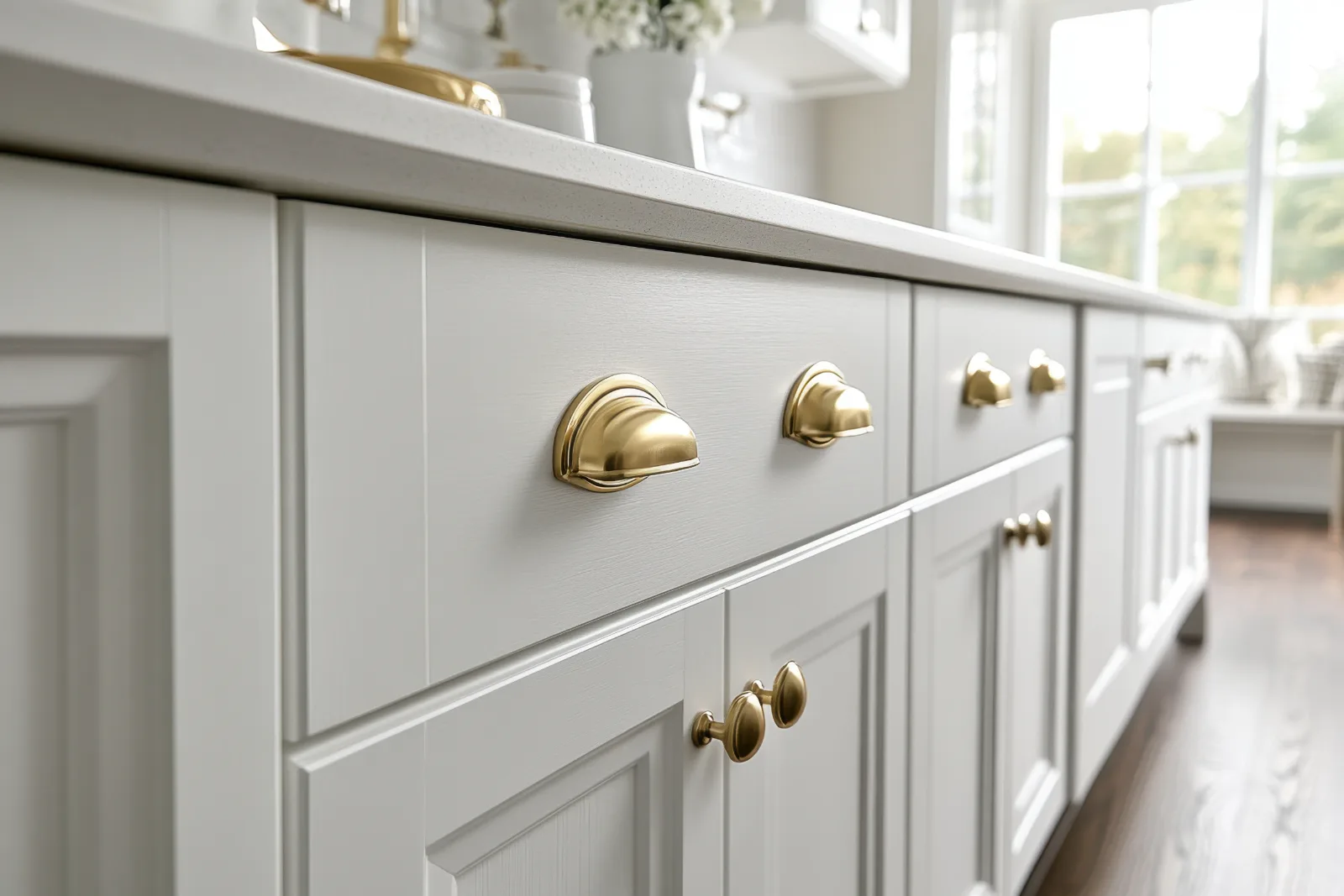 White cabinet drawers with brushed brass cup pulls in a sunlit kitchen