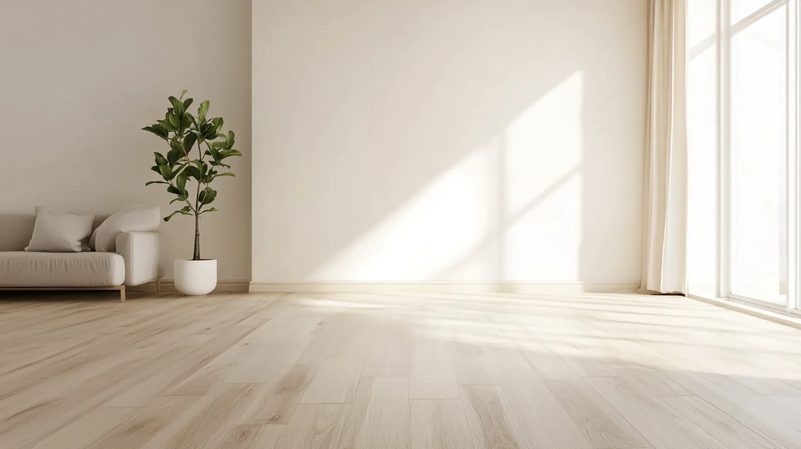 Sunlit living room with freshly painted walls and trim