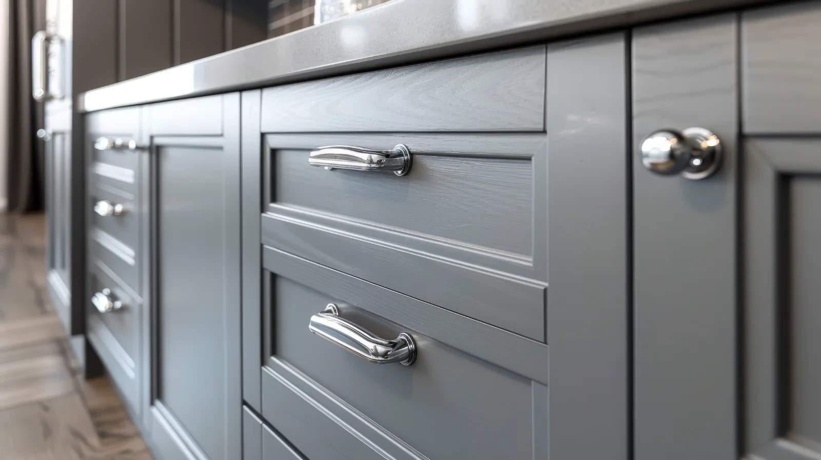 Close-up of freshly painted gray shaker cabinet drawers with chrome hardware