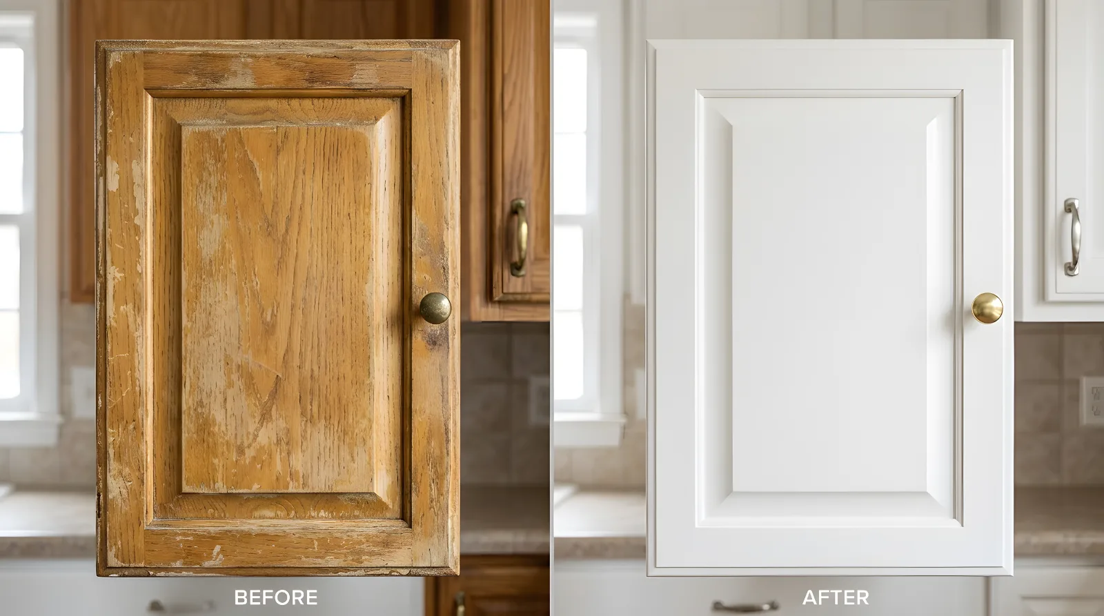 Before and after of a worn oak cabinet door refinished to a smooth white finish